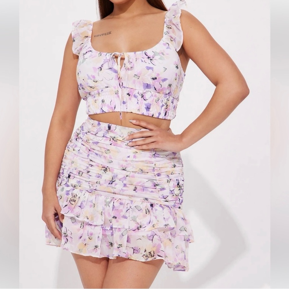 Floral cropped top and Ruffle Skirt Set